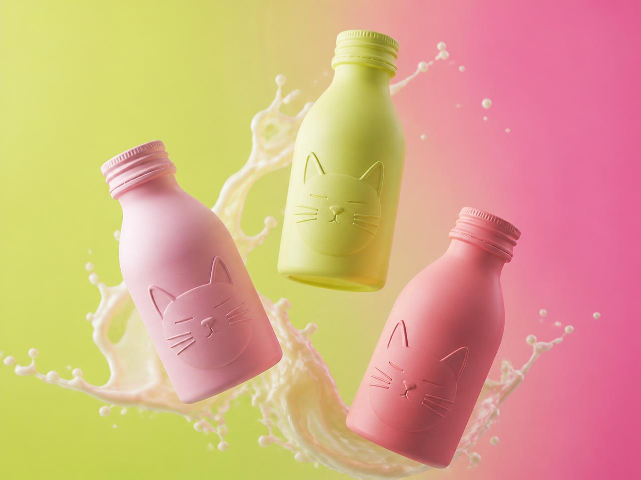 Three pastel Cat Soda bottles floating with a splash of liquid